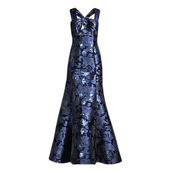 NWT BHLDN Aidan Mattox Midnight Blue Damask Godet Halter Luxe Mermaid Gown Sz 4 - Picture 8 of 9